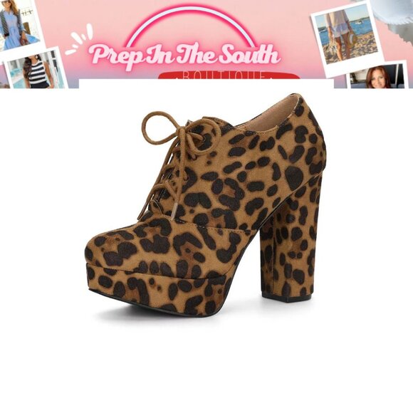 Allegra K Leopard Lace-Up Chunky Heel Lace up Booties Size 8, like new - Picture 1 of 7